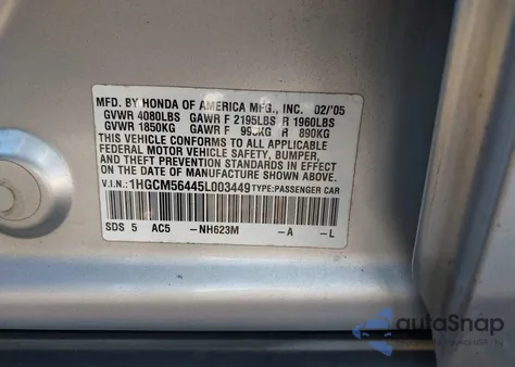 2005 Honda Accord 2.4 Lx from USA, damaged, VIN 1HGCM56445L003449